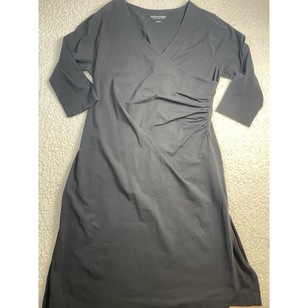 Soft Surroundings L Dress Black Midi Faux Wrap Long Sleeves Stretch Classic